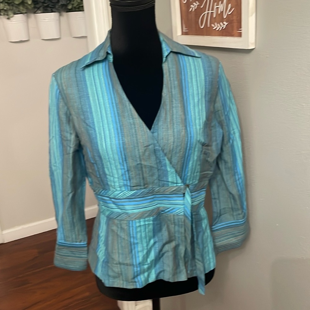 Bandolino Womens Top Blue Printed Long Sleeve Shirt Blouse